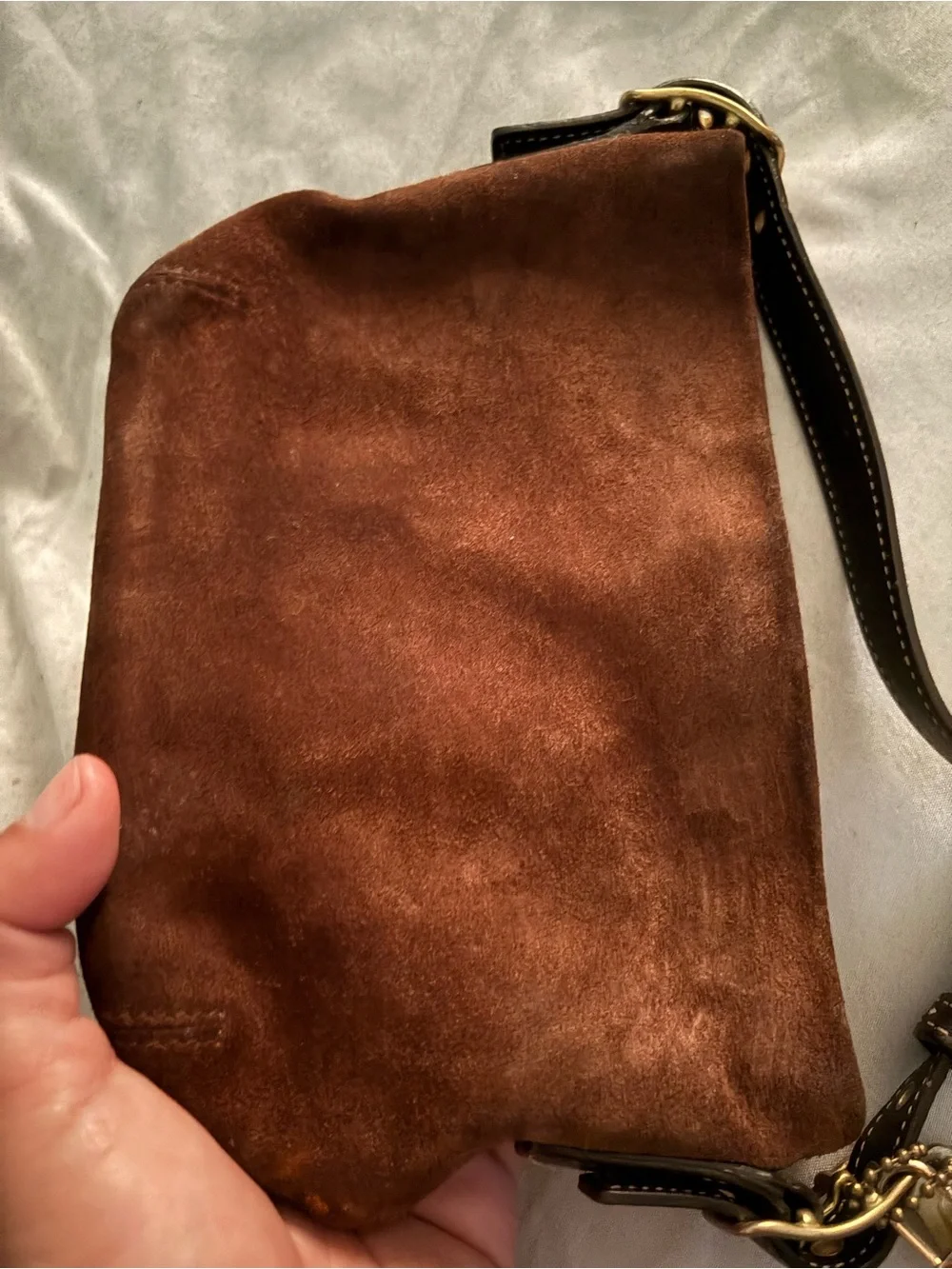 Coach Brown Suede Crossbody with Leather Strap and Gold Tag